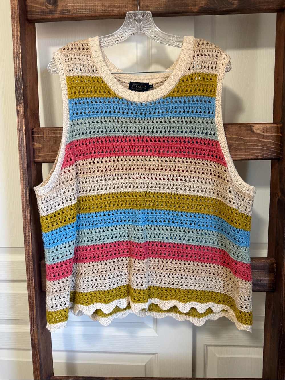 Pendleton Crocheted Stripe Tank Top - Cream, Blue, Pink, Olive